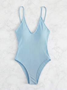 SHEIN Swim 度假海灘純色一件式泳衣 - 淺藍色 - 查看 6