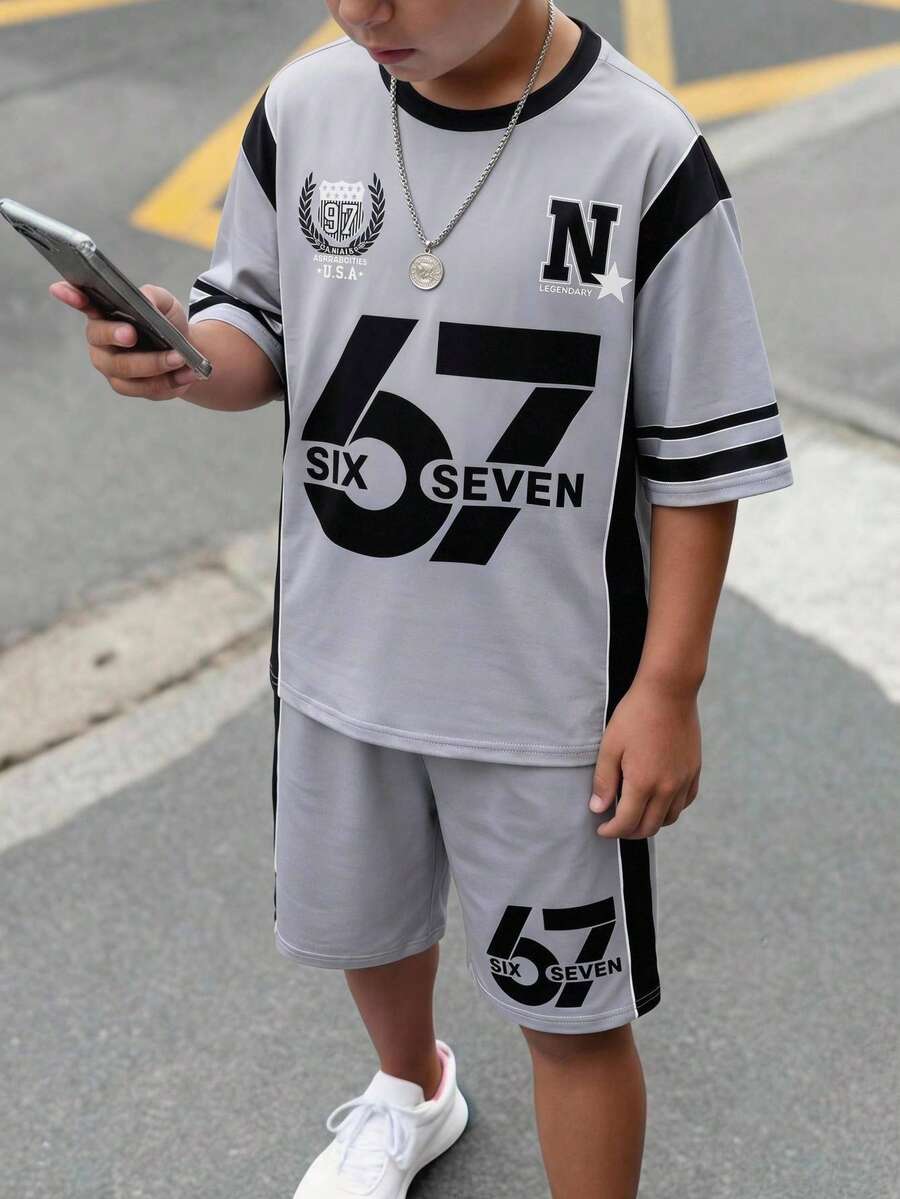 2件組兒童青少年男童休閒風數位67圖案柔軟T恤黑色套裝，Y2k套裝，夏季上衣，夏季短褲，男童套裝兒童套裝，適合春季/夏季、情人節、約會、夏季穿搭、家庭聚會、返校、婚禮季、運動、生日派對