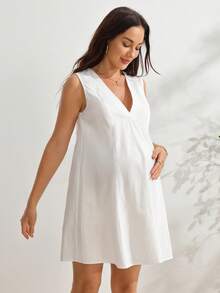 SHEIN 孕婦V領無袖白色100%純棉哺乳洋裝 - 白色 - 查看 6