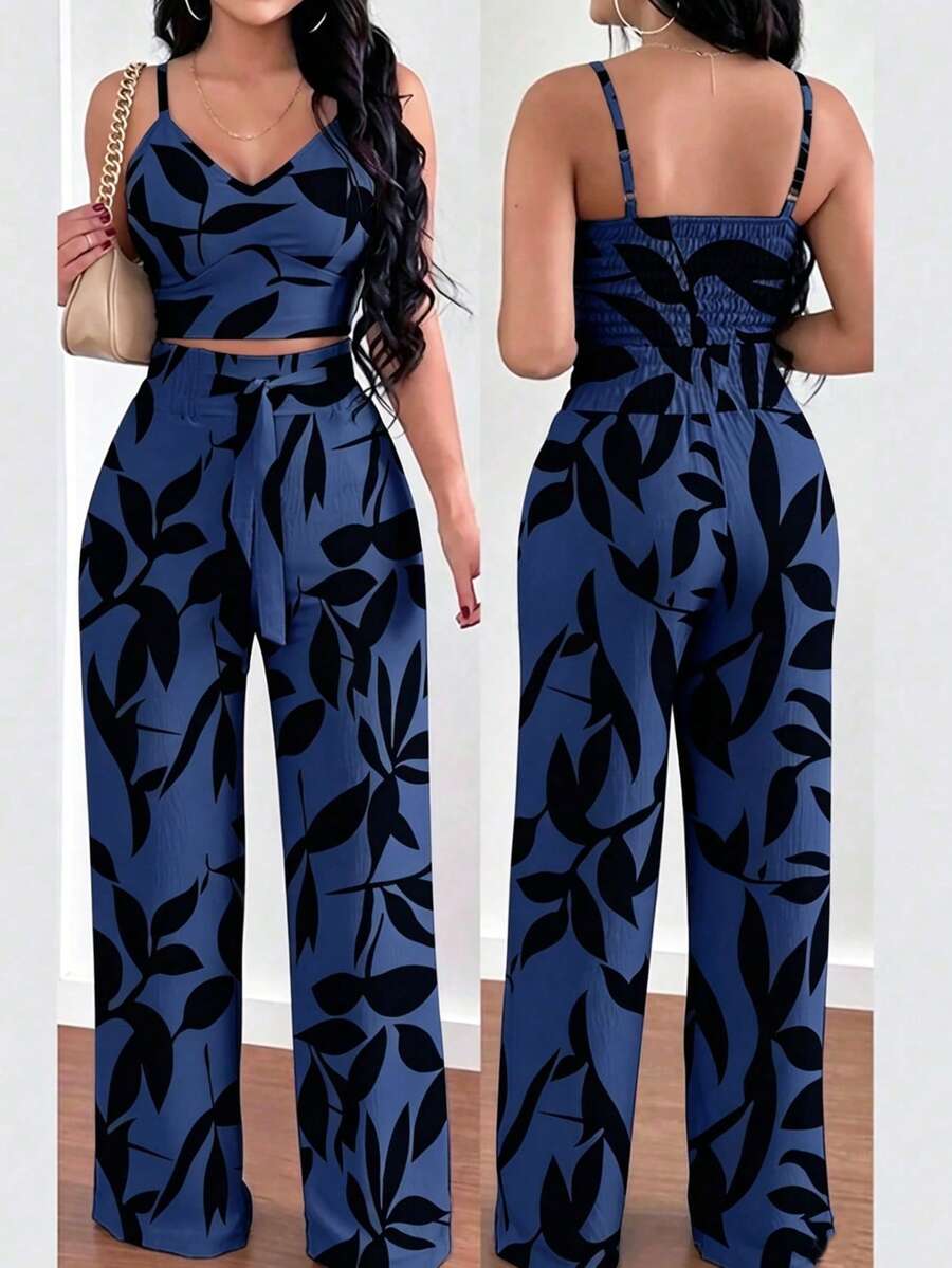 Silhoulove 女款兩件套,吊帶上衣搭配彈性腰綁結寬腿碎花長褲 - 藍色 - 查看 1