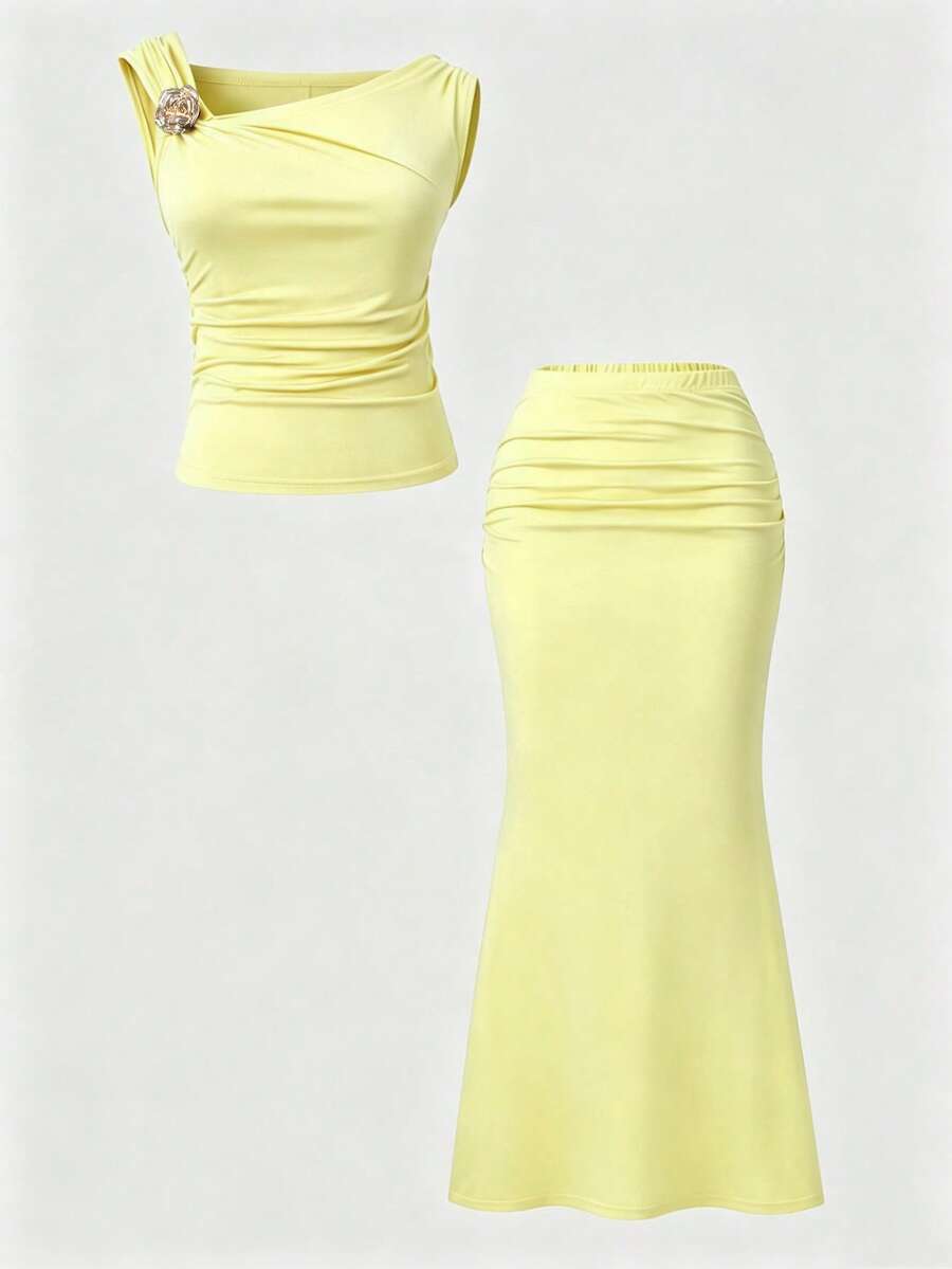 SHEIN Girls Back To School Slim Fit Comfortable Party Brown Floral Set Atmosphere-Enhancing Must-Have - Yellow - View 1