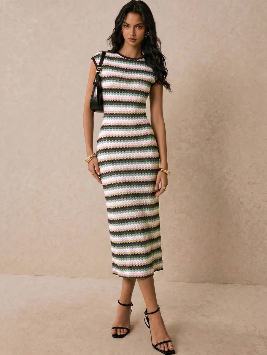 Poéselle 女款條紋圓領短袖修身優雅長洋裝 - 彩色 - 查看 1