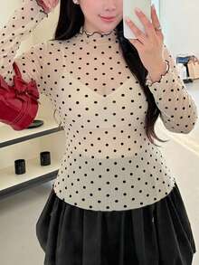 Dazy Plus 大尺碼女款圓點休閒百搭日常長袖T恤 - 杏色 - 查看 3