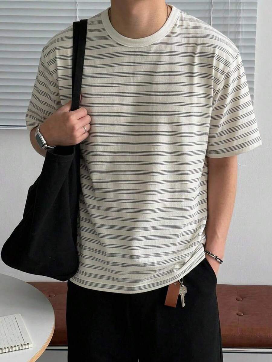DAZY 男士圓領條紋拼色休閒百搭日常旅行短袖T恤 - 彩色 - 查看 1