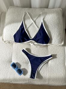 Swim SXY Blue And White Color Block Halter Neck Tie Large Scoop Neck Criss-Cross Back Sexy Bikini And Triangle Bottom Swimwear Set, Suitable For Beach Vacation Wear - Navy Blue - View 4