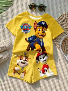 SHEIN | PAW Patrol 男嬰休閒簡約T恤套裝，適合夏季，經典可愛勇敢動漫圖案印花，Chase、Rubble、狗狗巡邏隊圖案印花 - 彩色 - 查看 2