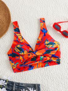 Swim Vcay Women's All-Over Print Ruched Bikini Top, Suitable For Summer Vacation And Beach - Red - View 3