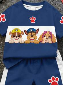 SHEIN | PAW Patrol 小男孩休閒簡約T恤套裝，經典配色拼接圖案印花，經典勇敢動畫圖案印花，Chase、Rubble、3D圖案印花，精緻徽章Logo圖案印花 - 彩色 - 查看 4