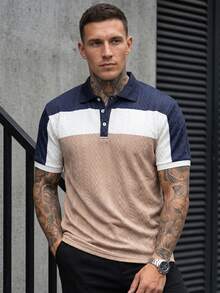 Manfinity CasualCool 男士時尚翻領 Polo 衫，針織面料，夏季通勤不重複穿搭，商務休閒上衣，適合儀式場合 - 藍色 - View 4