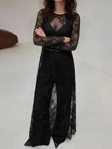 Editum Women's Round Neck Long Sleeve Lace Loose Long Dress Fall Women - Black - View 9