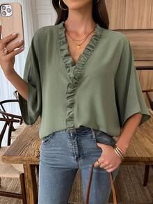 Louniche Women's 2026 Summer Casual V Neck Ruffle Trim Blouse, Batwing Sleeve Loose Fit Flowy Shirt For Daily Commute Vacation - Army Green - View 3