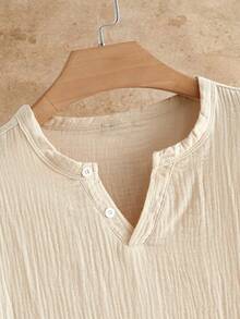 HIMLAND Men's Solid Color Notch V-Neck Short Sleeve Casual Commuter Shirt - Linen Brown - View 5