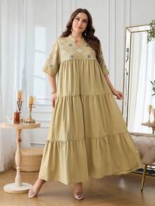 Al Najma Embroidered Pattern 3/4 Sleeve Loose Elegant Flared Hem Comfortable Daily Elegant Traditional Plus Size Women's Turkish Long Shirt Arabic Traditional Long Shirt - Mustard Yellow - View 6