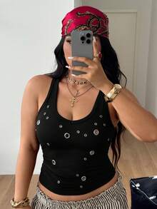 Coolane 女款大尺碼夏秋街頭風性感休閒復古演唱會健身約會之夜龐克哥德外出黑色金屬孔眼背心上衣萬聖節 - 黑色 - 查看 3