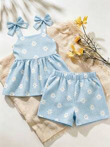 SHEIN 2件組女嬰幼兒/新生兒0-3歲春夏季休閒日常可愛度假條紋蝴蝶結圖案吊帶上衣+短褲套裝 - 淺藍色 - 查看 4