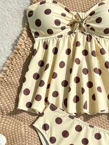 SHEIN Tween Girls Tankini Set, Knit Yellow Polka Dot Print With Metallic Star Decor, Halter Neck Ruffle Swimsuit, Beach Vacation - Yellow - View 4