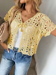 Easowa Cardigan femme jaune à manches courtes, ajouré, avec nœud papillon et lacets - Jaune d'oie - Voir 6