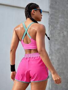 Powerista Conjunto deportivo de top halter y shorts con color de contraste y empalme para mujer - Rosa - Ver 3