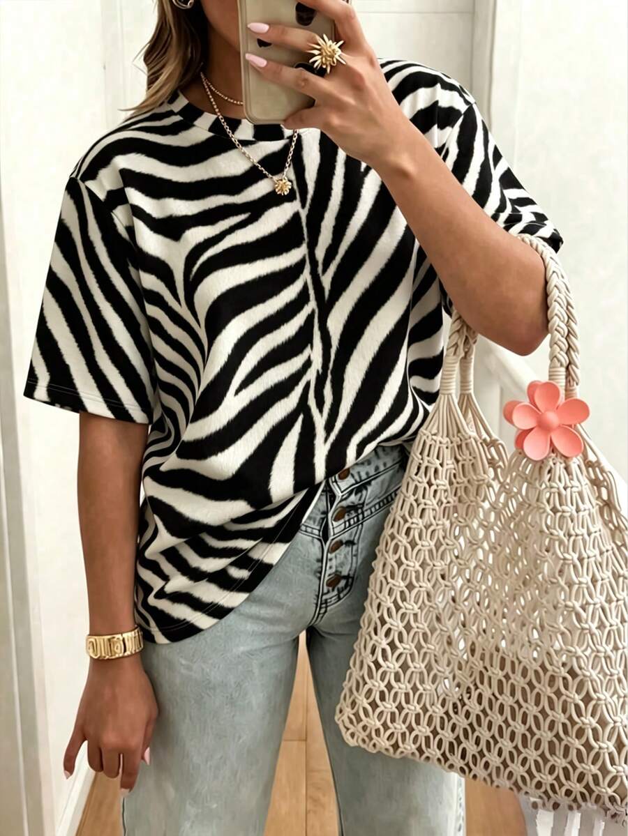 DrmWander Kaos Kasual Lengan Pendek Leher Bulat Motif Zebra Ukuran Besar untuk Wanita - MultiWarna - View 1