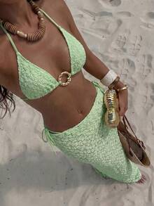 Bonvoyette 3pcs Spring/Summer Vacation Floral Textured Fabric Gold Asymmetrical Ring Decor Halter Triangle Bikini Top, Side Tie Bikini Bottoms & Sarong Sexy Women's Swimwear Set - Mint Green - View 1