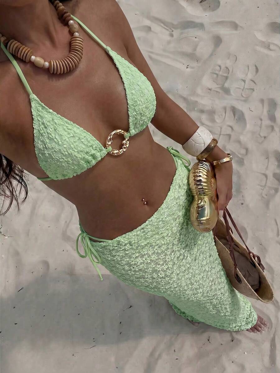 Bonvoyette 3pcs Spring/Summer Vacation Floral Textured Fabric Gold Asymmetrical Ring Decor Halter Triangle Bikini Top, Side Tie Bikini Bottoms & Sarong Sexy Women's Swimwear Set - Mint Green - View 1