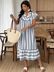 Weeklong Women's Plus Size Spring/Summer Casual Vacation Loose Striped Ruffle Sleeve Ruffle Hem Dress, Suitable For Daily And Vacation Wear - Multicolor - View 6
