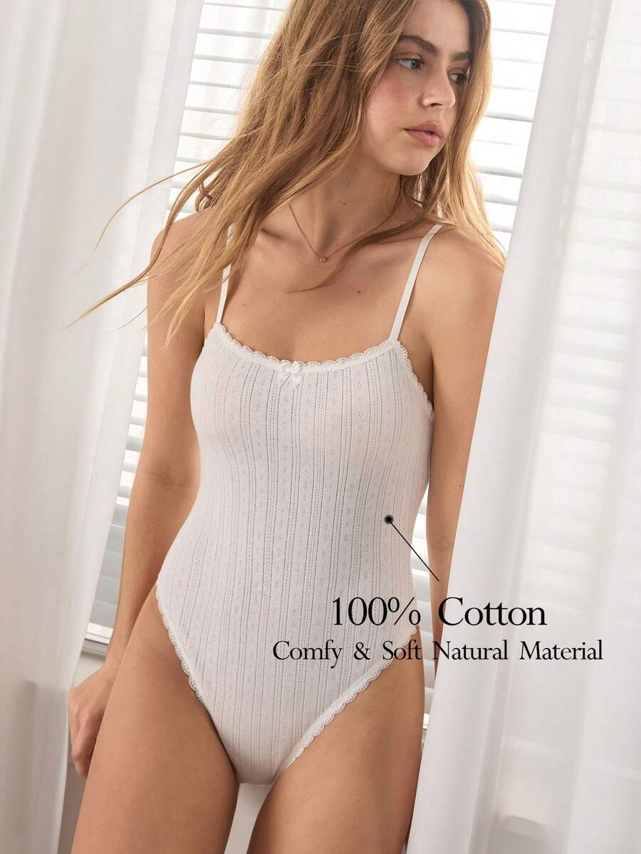 Ocili 100%纯棉提花针织柔软舒适荷叶边系带连体裤,女士睡衣,也可作外衣穿着 - 白色 - 查看 1