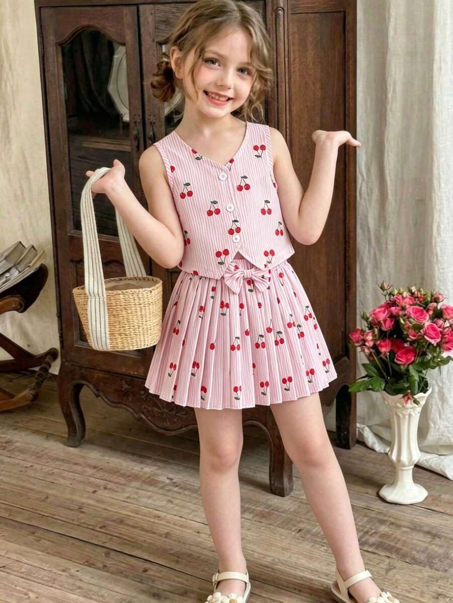 SHEIN Elladie kids 2件組少女復古蝴蝶結西裝背心外套與百褶裙套裝，設計感通勤休閒優雅穿搭