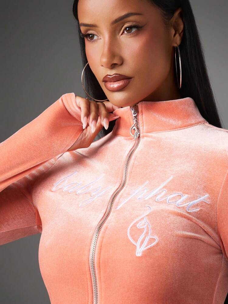 BABYPHAT ベロア 長袖 ハイネック ジップアップ クロップドジャケット スクリプトロゴ付き