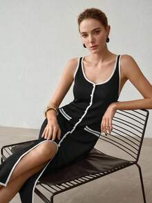MOTF PREMIUM SPRING/SUMMER CONTRAST BINDING SPLIT HEM SLIM FIT SWEATER DRESS - Black - View 5