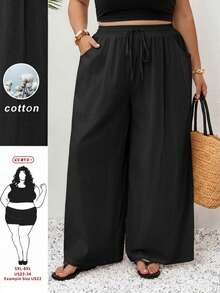 SHEIN CURVE+ 女款大尺碼黑色 Sommar 休閒度假亞麻長褲，春夏極簡寬鬆波希米亞風，度假基本款，日常正式舒適鬆弛 - 黑色 - 查看 11