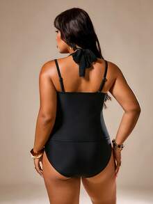 SHEIN Privé Plus Size Women's Summer Beach Party Solid Color Ruched Fashion Halter Neck Tankini Set Bathing Suits Sexy Elegant Black - Black - View 4