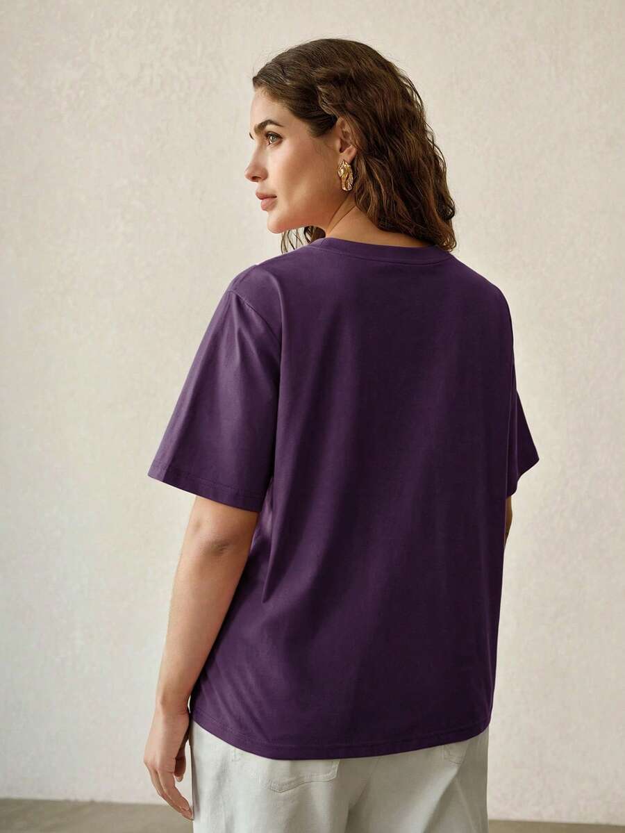 MOTF PREMIUM EXQUISITE 3D EMBROIDERED DESIGN ROUND NECK SHORT SLEEVE PLUS SIZE WOMEN'S T-SHIRT - Purple - View 2