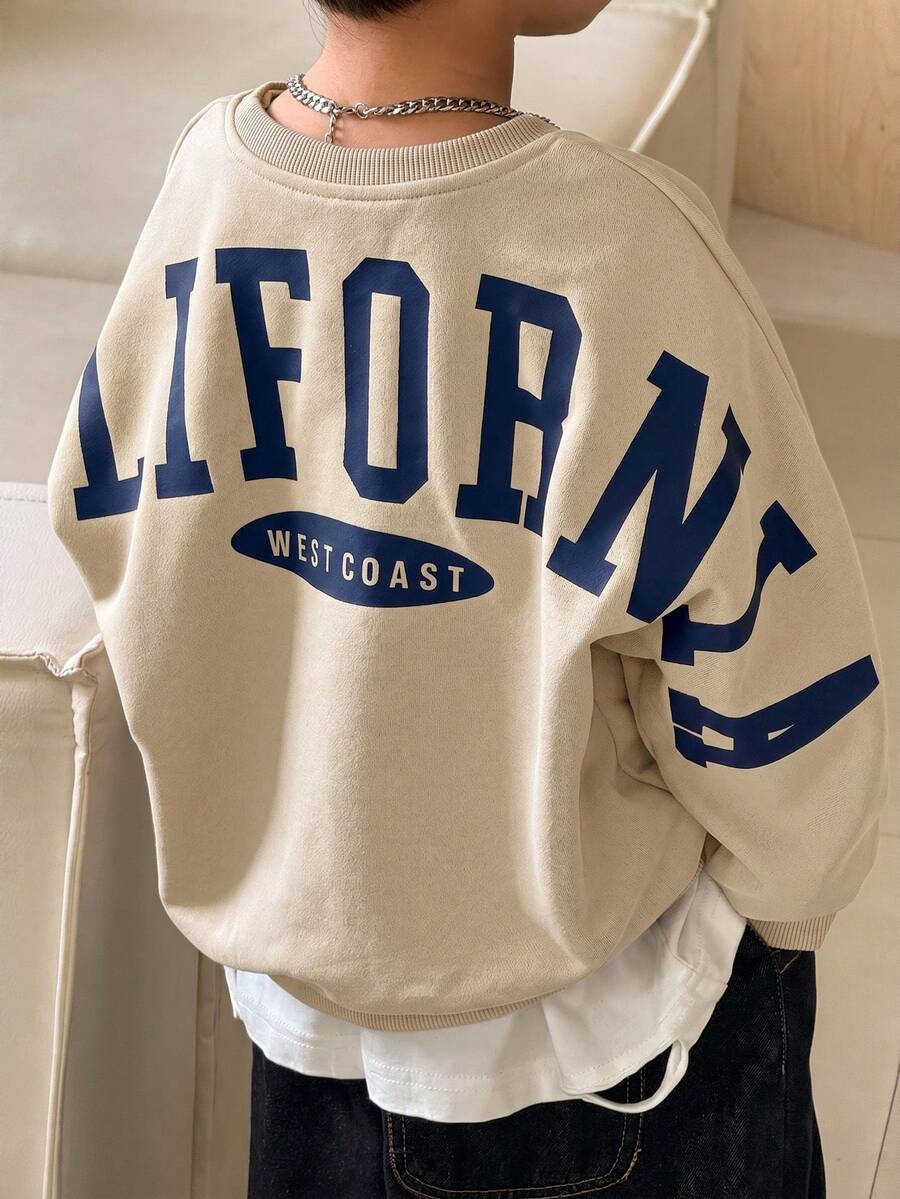 SHEIN 1件青少年男童休閒學院風舒適時尚極簡街頭風寬鬆實用百搭大字母圖案厚款運動衫,適合日常穿著、上學、旅行、運動,秋冬季 - 彩色 - 查看 1