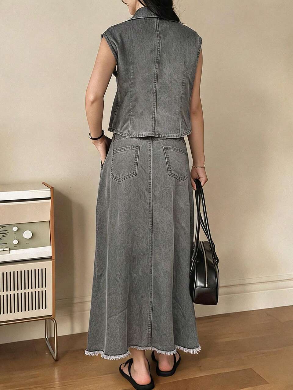 Women's Single-Breasted Lapel NeckVest And Denim Skirt Casual 2 Pieces Set, Spring/Summer Vacation Light Grey