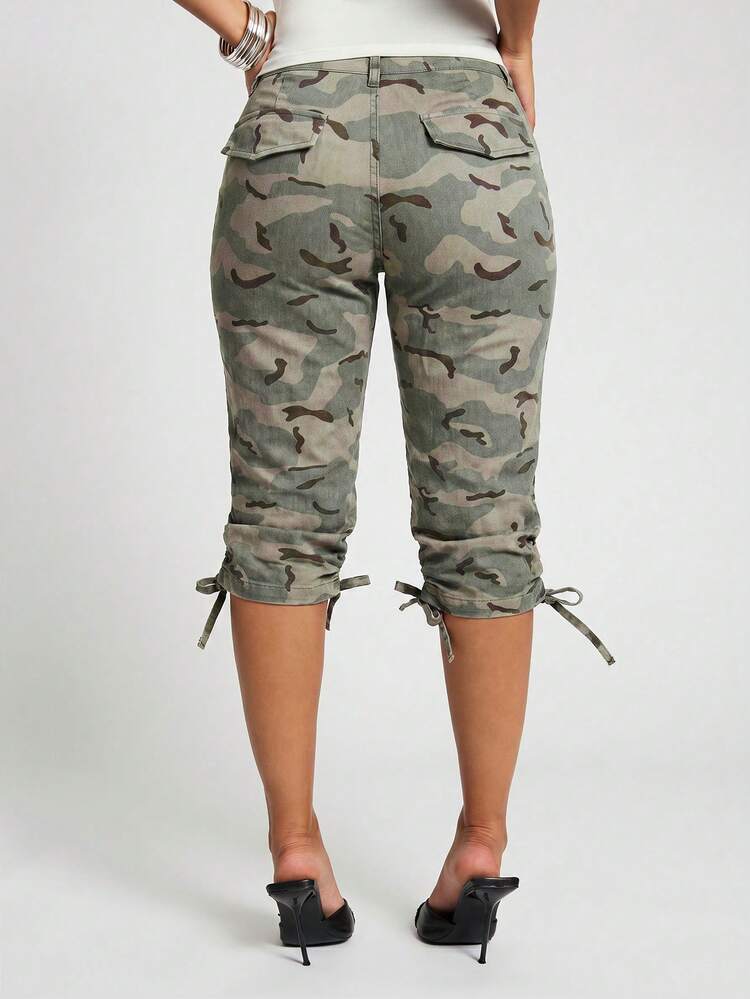 SUMWON WOMEN Camo Carpenter Capri Pants With Ruched Drawstring Hem And Cargo Pockets Summer Street Style