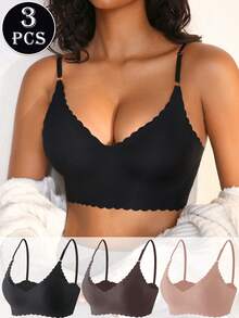 SHEIN Women's Solid Color Seamless Scalloped Edge Bra (3-Piece Set) - Multicolor - View 3