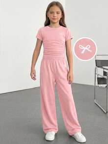 Emery Rose Kids Kids Tween Girl Bow Print Short Sleeve T-Shirt And Pants Casual Set School Pink Summer - Pink - View 4