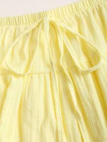 Sweetra Women's New Fashion Versatile Light Yellow Off-Shoulder Drawstring Lace Trim Elastic Waist Short Sleeve Cropped Top + Elastic Drawstring Multi-Layer Ruffle Mini Skirt, Design-Driven Sexy Hot Girl Style 2-Piece Set - Light Yellow - View 7