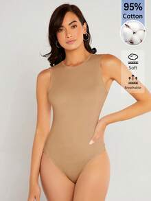 SHEIN BASICS 女款素色圓領休閒背心連身衣 - 杏色 - 查看 3