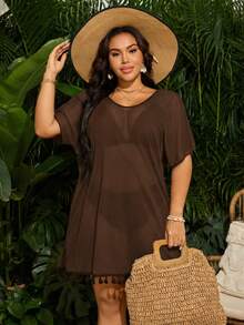 Swim Vcay Gaun Penutup Transparan Minimalis Serbaguna untuk Liburan Wanita Ukuran Plus dengan Rumbai dan Hiasan Patchwork di Bagian Bawah - Coffee Brown - View 5