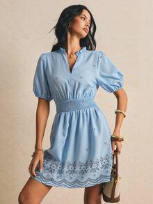 Poéselle Light Blue Floral Elegant Ditsy Floral Notched Neck Puff Sleeve Dress For Women, Summer Vacation - Blue - View 4