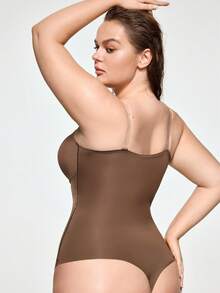 SHAPORA Plus Size Women's Shapewear Bodysuit, Waist & Abdomen Slimming, Bust Enhancing, Front Closure, Double Compression, Butt Lifting, Suitable For Outerwear, Single Piece - Brown - View 2