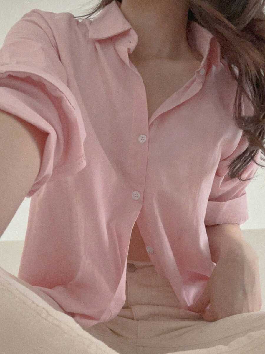 DAZY 少女休闲基本款长袖衬衫 - 粉色 - 查看 1