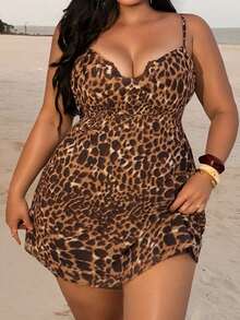 Dazy Plus Vestido corto de tirantes mini casual sexy estilo blogger con estampado de leopardo y encaje de contraste, vestido de verano tipo sundress para mujer talla grande, primavera-verano - Marrón - Ver 8