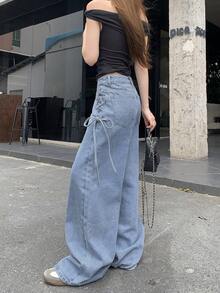 FRIFUL Women's Side Eyelet Lace-Up Wide Leg Loose Casual Denim Jeans School - Blue - View 6