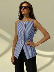 Aloruh Women's Elegant Square Neck Sleeveless Striped Lightweight Blazer Vest - Blue - View 7