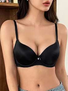 DAZY Bra Wanita Minimalis Warna Polos dengan Kawat Penyangga dan Hiasan Pita Berenda - Hitam - View 3