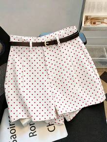 Franclia Casual Commuter Fashion Versatile Mid-High Waist With Belt Summer New Khaki Solid Color Women's Shorts - Red and White - View 3