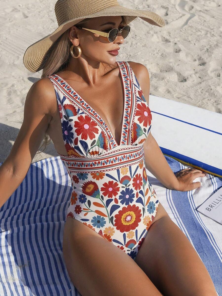 Swim Lushoire New Print Deep V-Neck Backless Slim Fit Fashion Summer One-Piece Swimsuit - Multicolor - View 1